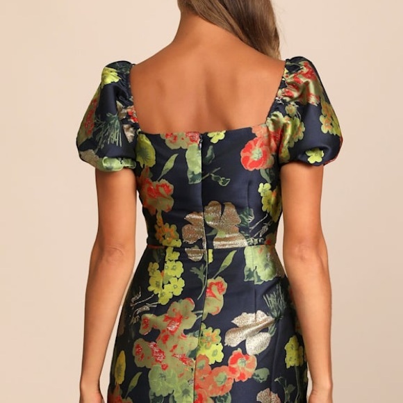 Lulus So Stunning Navy Blue Floral Jacquard Puff Sleeve Mini Dress - Picture 2 of 13